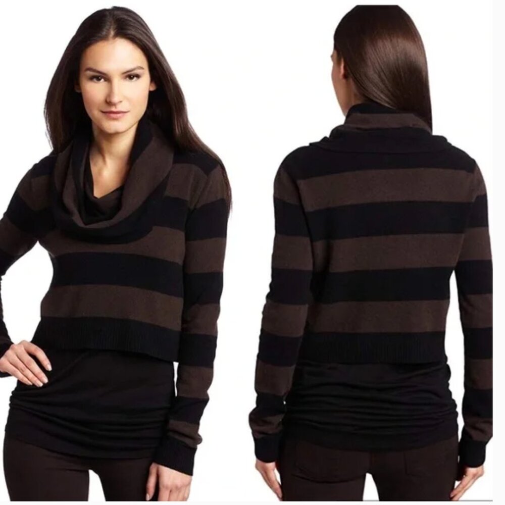BCBGMaxAzria BCBG Samira Cropped Cowl Neck Striped sweater Brown Black Y2K sz S - Picture 12 of 12